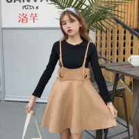 洛芊2018春季新款韩版黑色圆领长袖打底上衣+高腰A字大摆吊带裙两件套