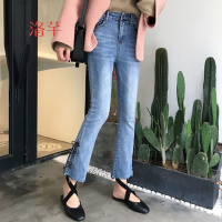 洛芊2018春季新款韩版个性百搭阔腿绑带牛仔裤女高腰显瘦九分微喇裤潮