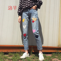 洛芊春秋女装韩版个性百搭爱心刺绣高腰显瘦九分牛仔裤学生直筒裤女潮