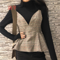 洛芊2018春季新款韩版百搭吊带收腰裙摆裹胸气质可爱娃娃格子吊带衫女