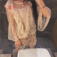 洛芊2018春季新款仙女性感透视镶珠拼接网纱蕾丝衫女喇叭袖长袖上衣潮