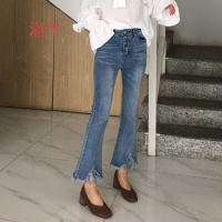 洛芊2018春季新款韩版百搭显瘦个性不规则流苏破洞微喇牛仔裤九分裤女