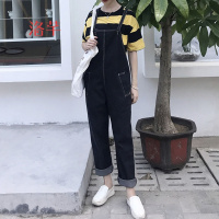 洛芊2018春季新款韩版宽松百搭基础简约明线背带牛仔裤女学生背带裤潮