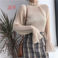 洛芊春季新品花边领百褶网纱立领上衣花瓣袖雪纺衫长袖打底衬衫女装潮