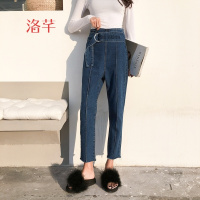 洛芊牛仔裤女九分裤2018春季新款高腰韩版显瘦学生宽松刺绣腰带哈伦裤