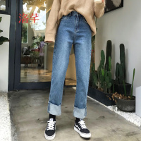 洛芊2018春装女装韩版高腰宽松百搭直筒裤卷边阔腿裤学生九分牛仔裤潮