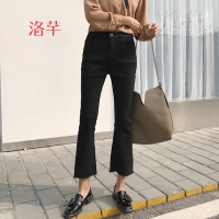 洛芊2018春季新款高腰黑色喇叭裤弹力显瘦毛边微喇九分牛仔裤女学生潮
