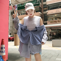 洛芊早春新款韩版学院风宽松露肩条纹假两件拼接长袖衬衣女学生上衣潮