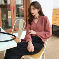 洛芊春装女装2018新款韩版钉珠挂脖雪纺衫宽松显瘦长袖V领打底上衣女