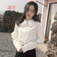 洛芊2018春季新款韩版气质百搭宽松娃娃领荷叶边雪纺衫打底衫上衣女潮