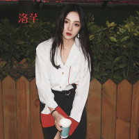 洛芊春装新款韩版复古港味风宽松慵懒睡衣撞色衬衣女简约长袖上衣