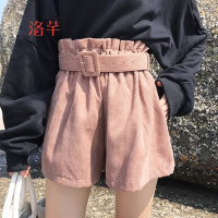 洛芊2018春秋新款韩版时尚百搭松紧女高腰修身显瘦阔腿裤短裤潮配腰带