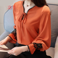 洛芊2018新款春装小衫女装宽松蝴蝶结镂空蕾丝打底衫女时尚春款上衣女