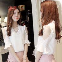 洛芊春款洋气小衫女2018新款女装夏装潮遮肚子雪纺衫漏肩上衣超仙甜美
