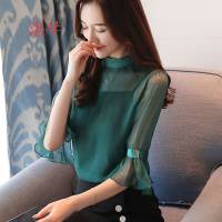 洛芊2018春夏装新款韩版百搭时尚短袖雪纺衫透视网纱中袖上衣服小衫女