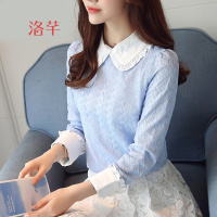 洛芊2018春装新款女装甜美打底雪纺上衣韩版娃娃领长袖蕾丝衫女春秋