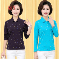 洛芊女装长袖T恤休闲运动衫修身纯棉中年女式春装翻领有领上衣服秋季