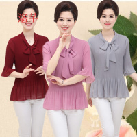 洛芊中年女装春装2018新款潮妈妈装夏装雪纺衫中老年大码40-50岁T恤