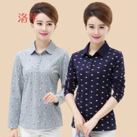 洛芊2018春季新品中年女士纯棉T恤翻领妈妈装长袖薄款上衣全棉运动衫