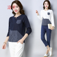 洛芊2018棉麻女装百搭春季新品九分袖女士打底衫大码T恤休闲上衣潮