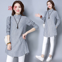 洛芊2017春秋棉麻女装长袖大码宽松条纹立领棉麻春装衣韩版上衣