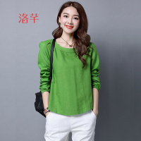 洛芊2018春装新款文艺宽松大码棉麻长袖T恤休闲百搭打底衫亚麻上衣女