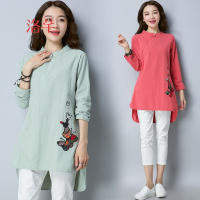 洛芊2018春装民族风盘扣棉麻刺绣长袖恤女宽松大码中长款前短后长上衣