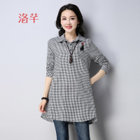 洛芊2018春季新款文艺复古宽松大码格子棉麻长袖衬衣女套头衫休闲上衣