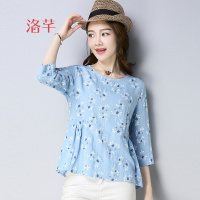 洛芊2018春夏新款文艺小清新圆领印花七分袖棉麻T恤宽松显瘦短款上衣