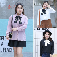 洛芊大码白衬衫女 长袖2018春季新款刺绣蝴蝶结领百搭打底上衣雪纺衫