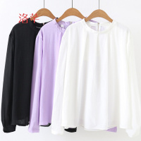 洛芊雪纺衫女长袖打底衫春装加肥加大码胖mm宽松200斤圆领上衣白衬衫