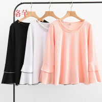 洛芊T恤女长袖宽松春装新款加肥加大码胖MM条纹吊坠喇叭袖上衣200斤潮