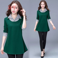 洛芊胖妹妹春秋女宽松大码假两件上衣2018新款胖mm韩版显瘦遮肚打底衫