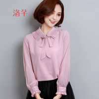 洛芊春夏装2018新款女大码纯色蝴蝶结荷叶边长袖雪纺衫女宽松上衣小衫