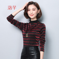 洛芊亮丝打底衫女加绒2018春夏新款百搭闪光丝半高领T恤银丝条纹上衣