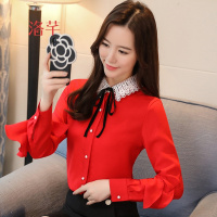 洛芊女衬衫2018女装春装新款韩范雪纺上衣长袖百搭时尚荷叶边雪纺衫