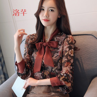 洛芊蝴蝶结碎花雪纺衫女长袖衬衫2018春款小衫女装韩版新款春季女上衣