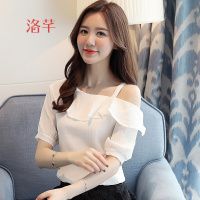 洛芊2018春季新款露肩短袖雪纺衫夏装荷叶边一字领打底衫宽松上衣服潮