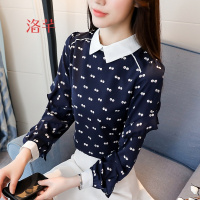洛芊娃娃领雪纺衫长袖春装2018新款女装百搭波点上衣小衫宽松韩范衬衫