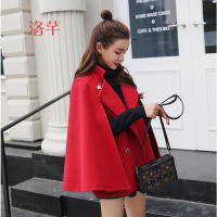 洛芊2018春款女装新款大红色斗篷外套女短款秋冬装妮子毛呢披肩
