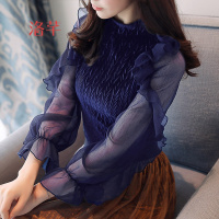 洛芊2018春装新款女装超仙气质雪纺衫荷叶边上衣时尚金丝绒网纱打底衫