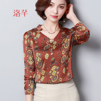 洛芊春装2018新款女时尚印花雪纺衫宽松遮肚子上衣百搭长袖打底小衫