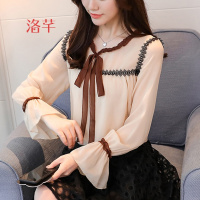 洛芊超仙气质上衣春装2018新款女宽松遮肚子小衫木耳边喇叭长袖雪纺衫