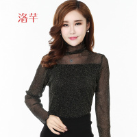 洛芊春秋新品妈妈装立领性感网纱亮丝打底衫女长袖修身百搭上衣小衫