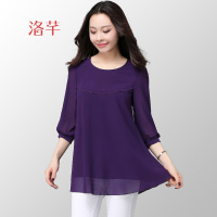 洛芊中年妈妈春装大码宽松中长款雪纺衫半袖女上衣2018新款春天衣服