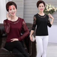 洛芊2017春装新款中老年打底衫妈妈装大码T恤中年女装长袖蕾丝衫上衣