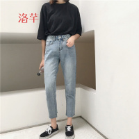 洛芊2018夏新款韩版宽松学生九分裤做旧显瘦不规则牛仔裤女