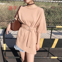 洛芊夏2018新款韩版复古不规则短袖T恤女宽松显瘦中长款上衣送腰带