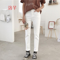 洛芊夏2018新款韩版水洗白色基础百搭弹力直筒裤休闲牛仔裤九分裤女
