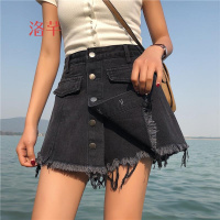 洛芊夏2018新款韩版高腰开叉流苏毛边牛仔裤女宽松显瘦裙裤百搭热裤